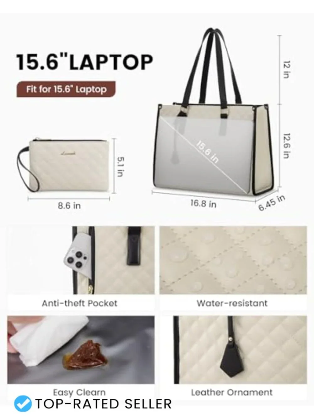 Quilted Laptop Lunch Tote Bag with Insulated Compartment and Wallet